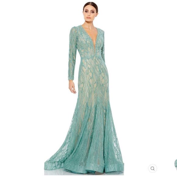 Mac Duggal 79291 Womens Green BEADED ILLUSION LONG SLEEVE PLUNGE NECK GOWN - Picture 3 of 16